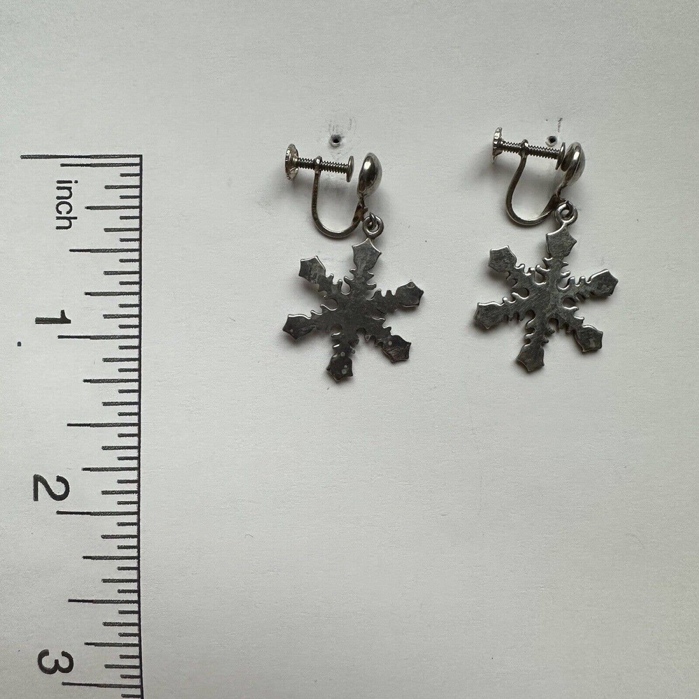 Vintage 925 Sterling Earrings Silver Clip On Snowflake Winter Handcrafted Dangle